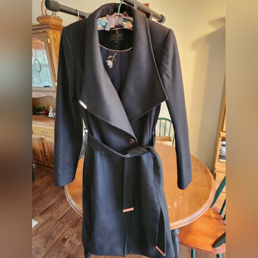 Ted Baker Black Wool Blend Belted Women's Trench Coat Size 1 XS